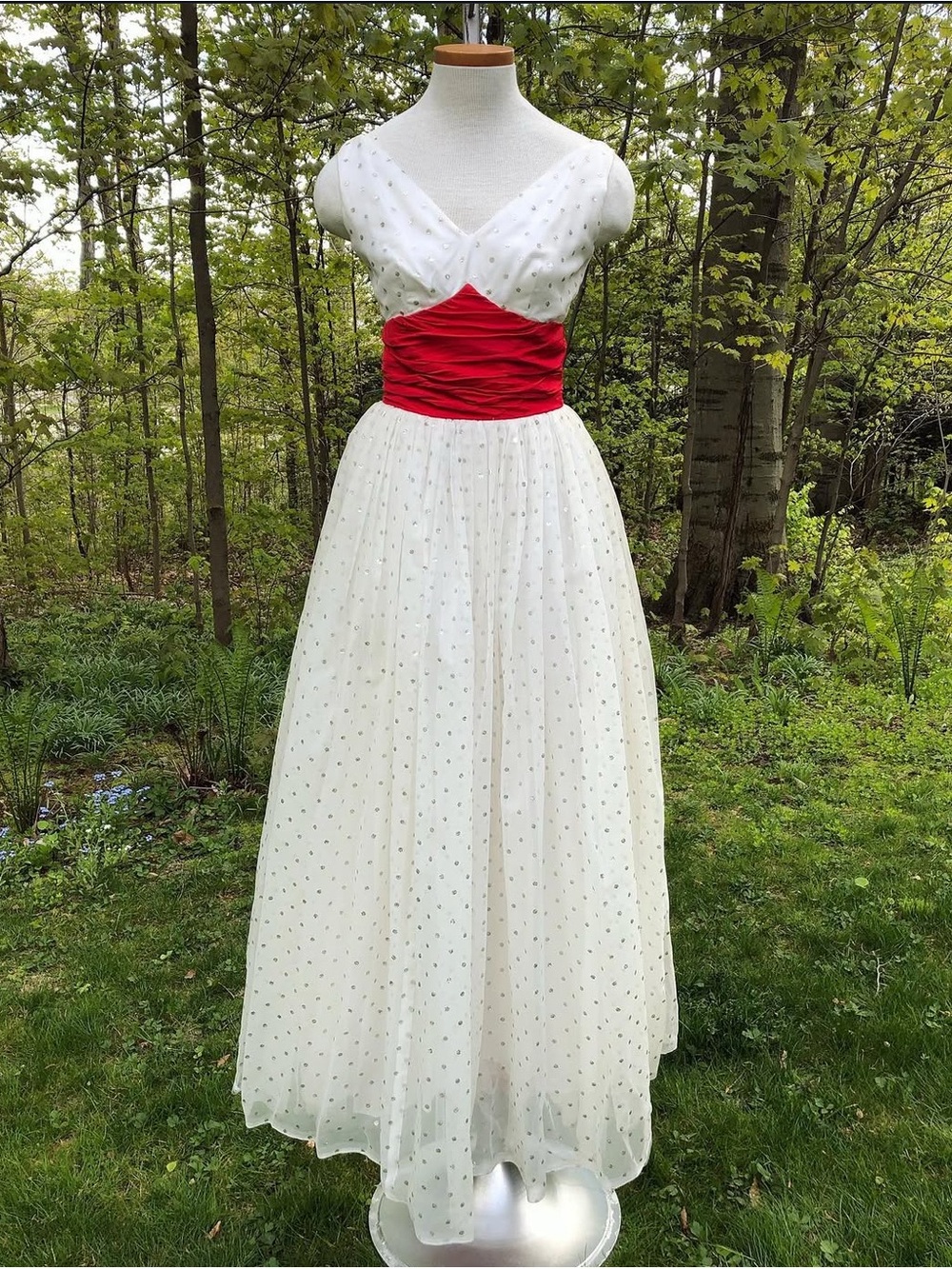 1950s White with Silver Polka Dot Gown with Red Sash